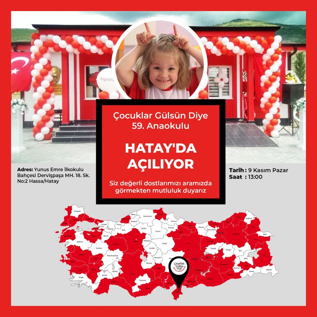 “Çocuklar Gülsün Diye” Derneği’nin 59. Anaokulu Hatay’da Açılıyor